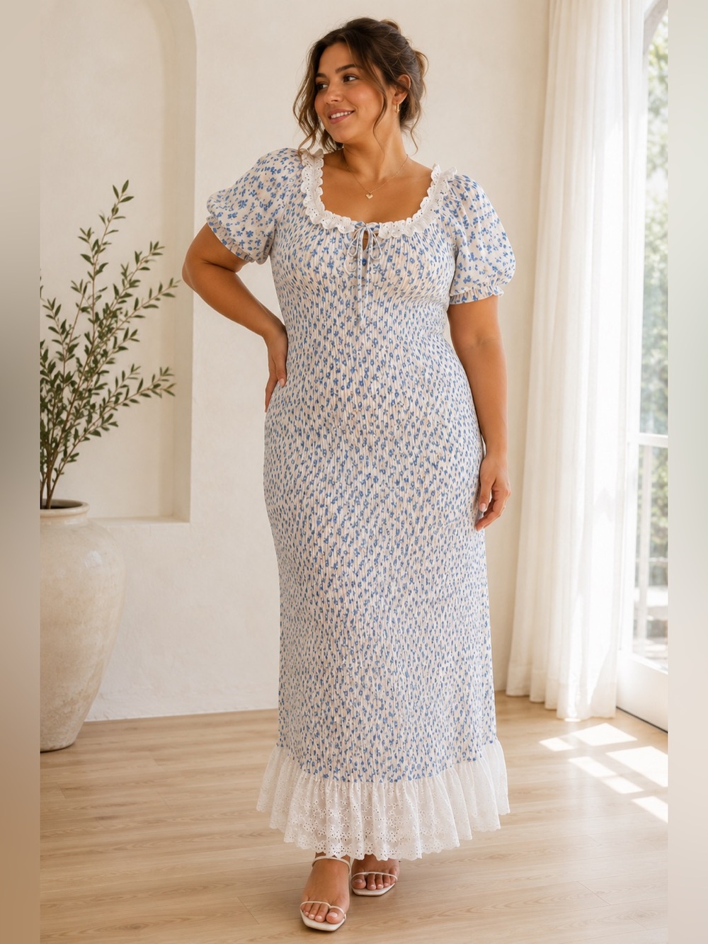 Mable Blue Floral Smocked Puff-Sleeve Maxi Dress Eyelet Lace Cottagecore L